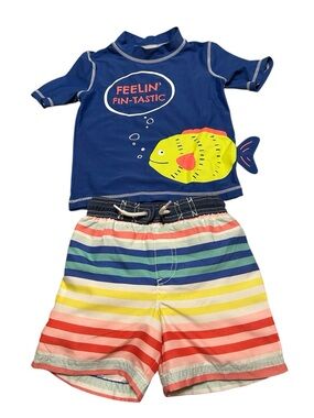 Carter's Navy Blue Rash Guard & Multicolor Striped Swim Shorts Set